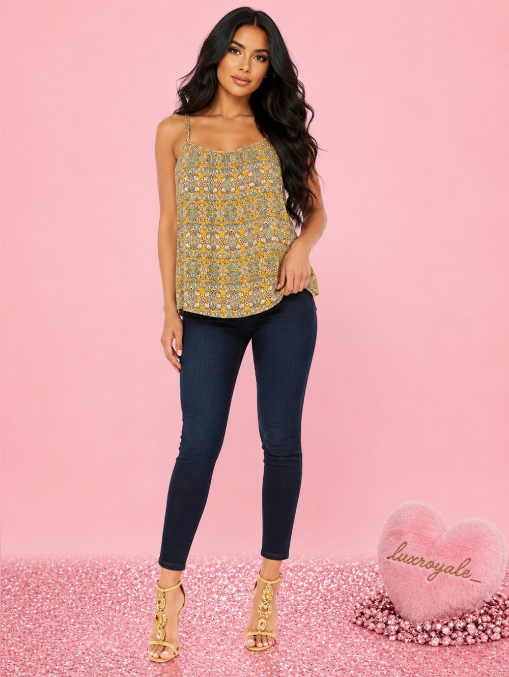 Boho Floral Swing Cami Tank Top Yellow Blue Flowy Sleeveless Boutique Style | XS